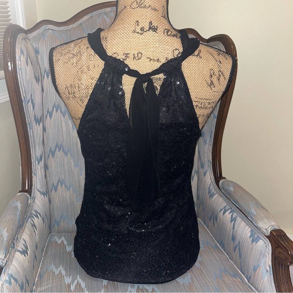 Tahari Dressy Black Sequin Halter top,sheer chiffon mesh straps keyhole tie back - Picture 5 of 11